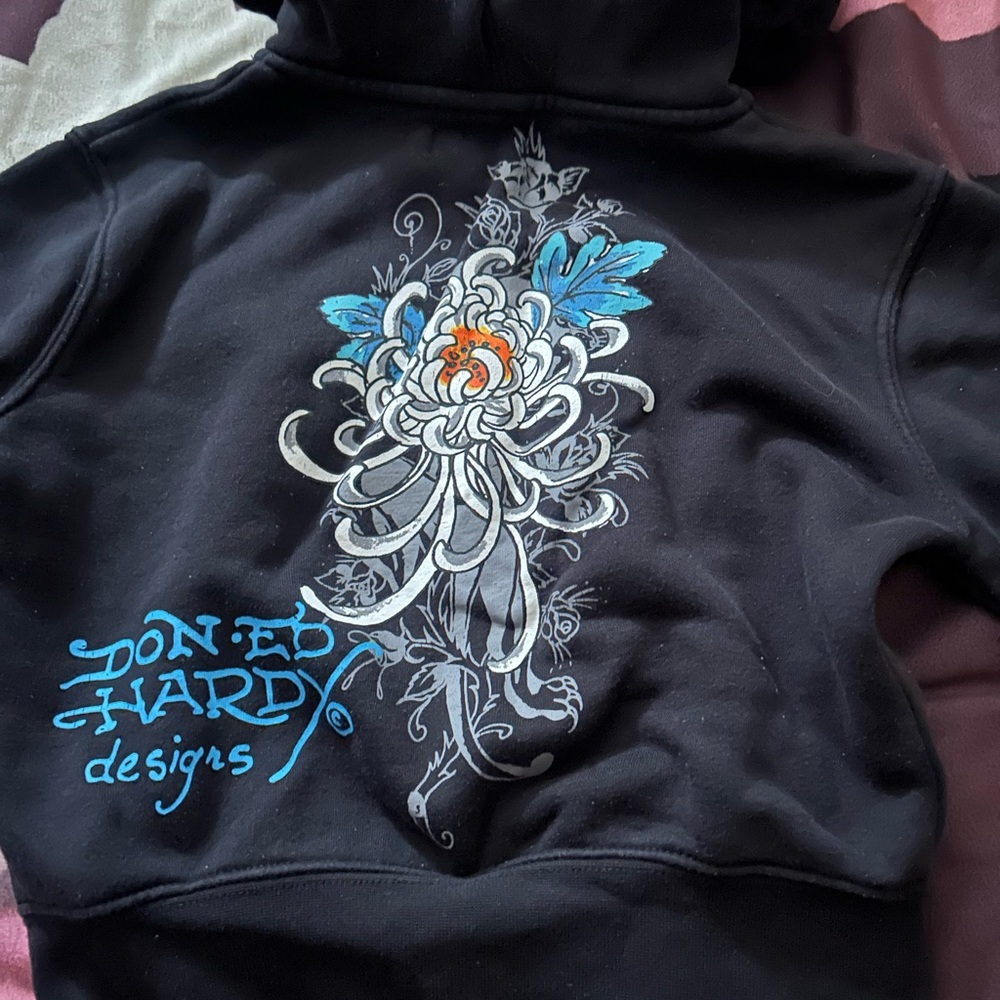 Ed Hardy Black Utility Jacket with Blue and White Design